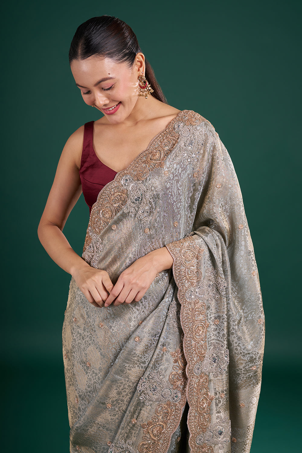Silver Grey Jacquard Saree with Cutdana Embroidery and Unstitched Blouse