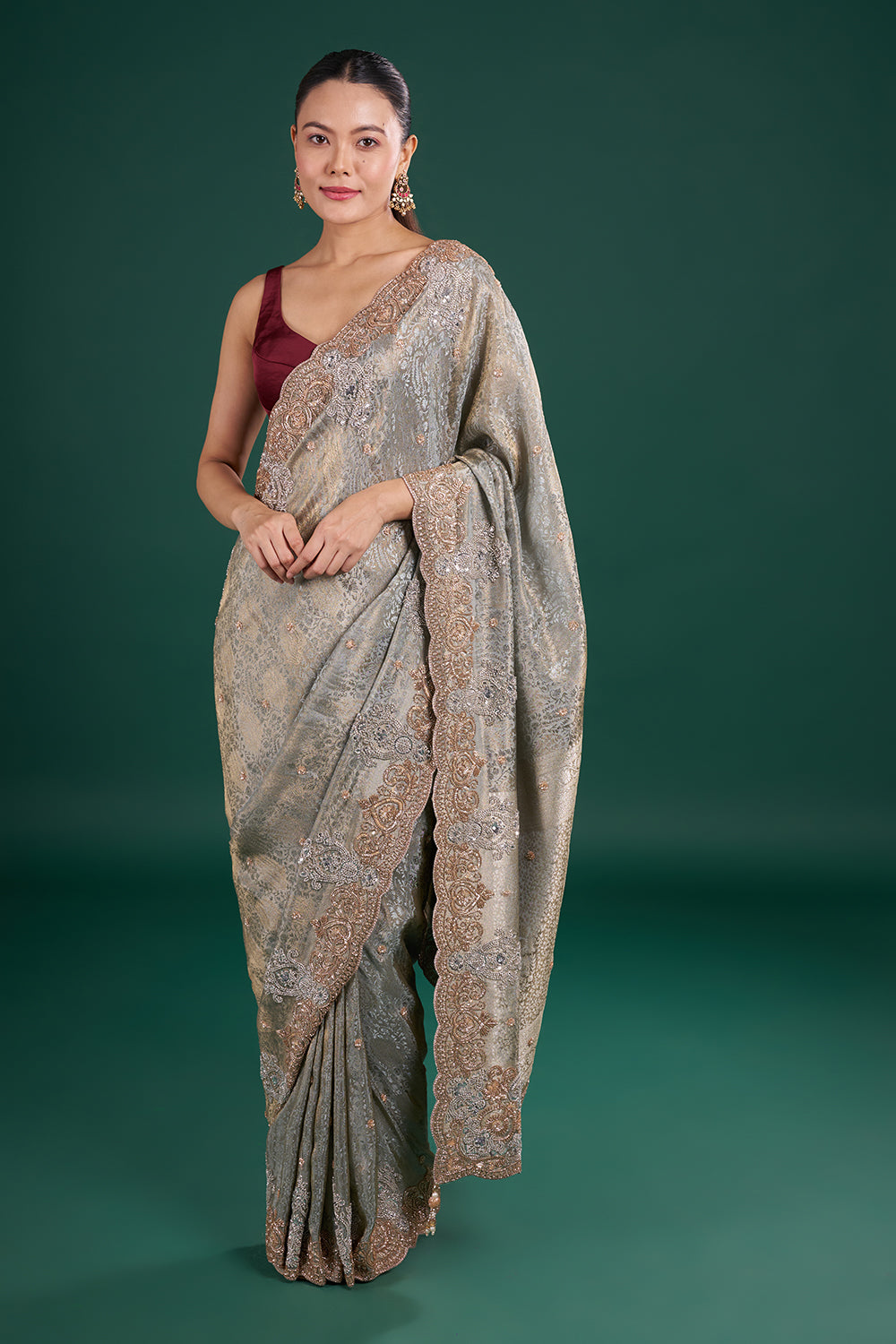 Silver Grey Jacquard Saree with Cutdana Embroidery and Unstitched Blouse