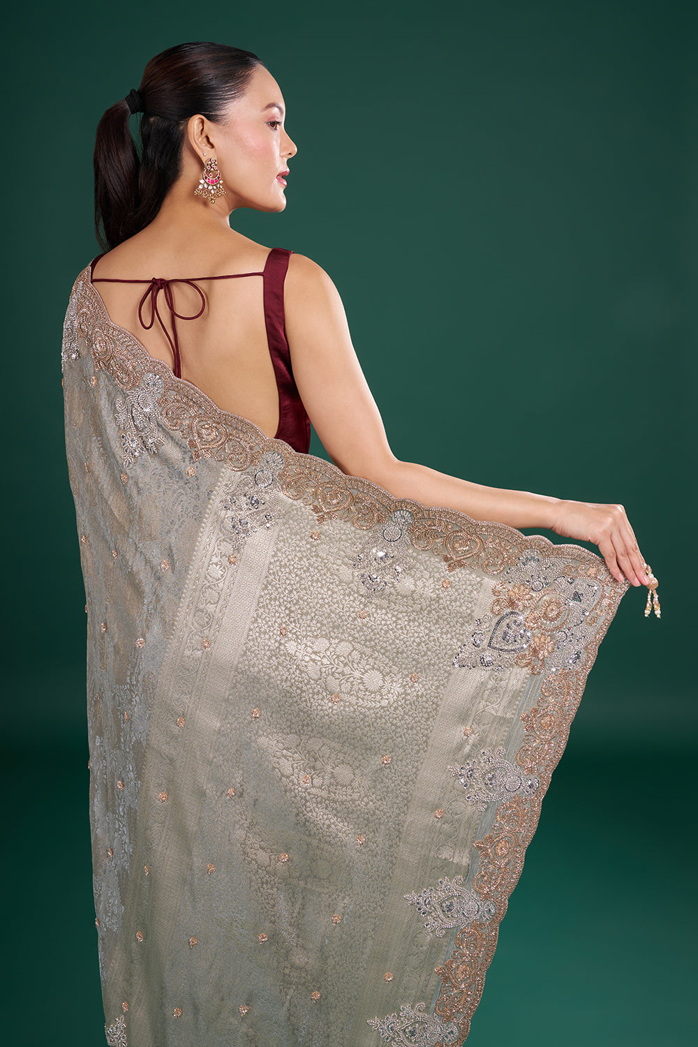 Silver Grey Jacquard Saree with Cutdana Embroidery and Unstitched Blouse