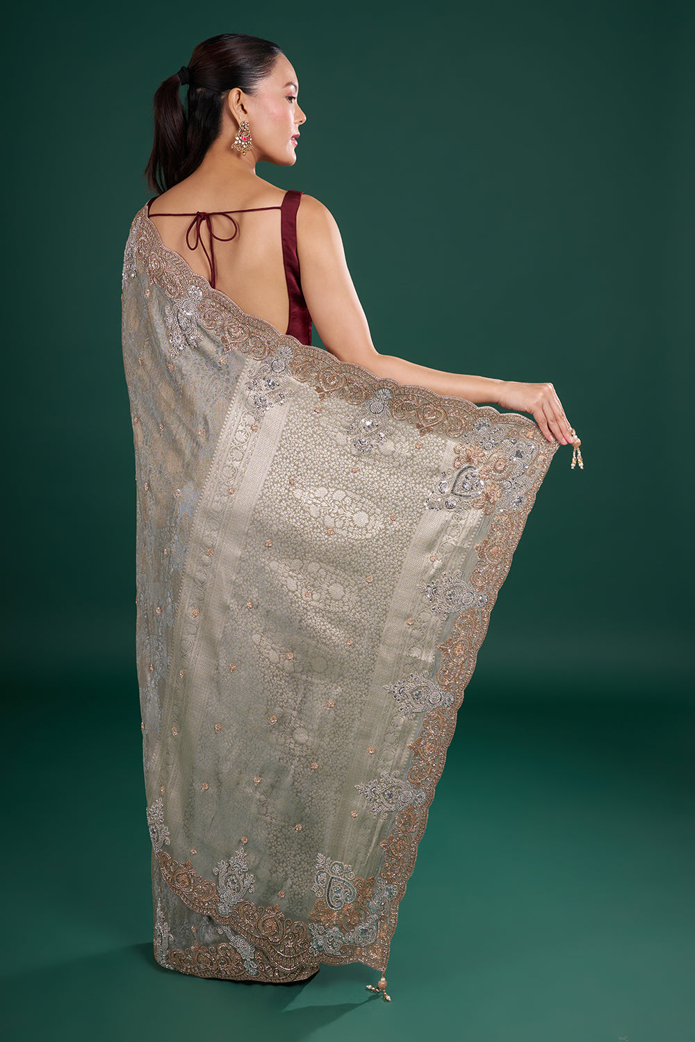 Silver Grey Jacquard Saree with Cutdana Embroidery and Unstitched Blouse