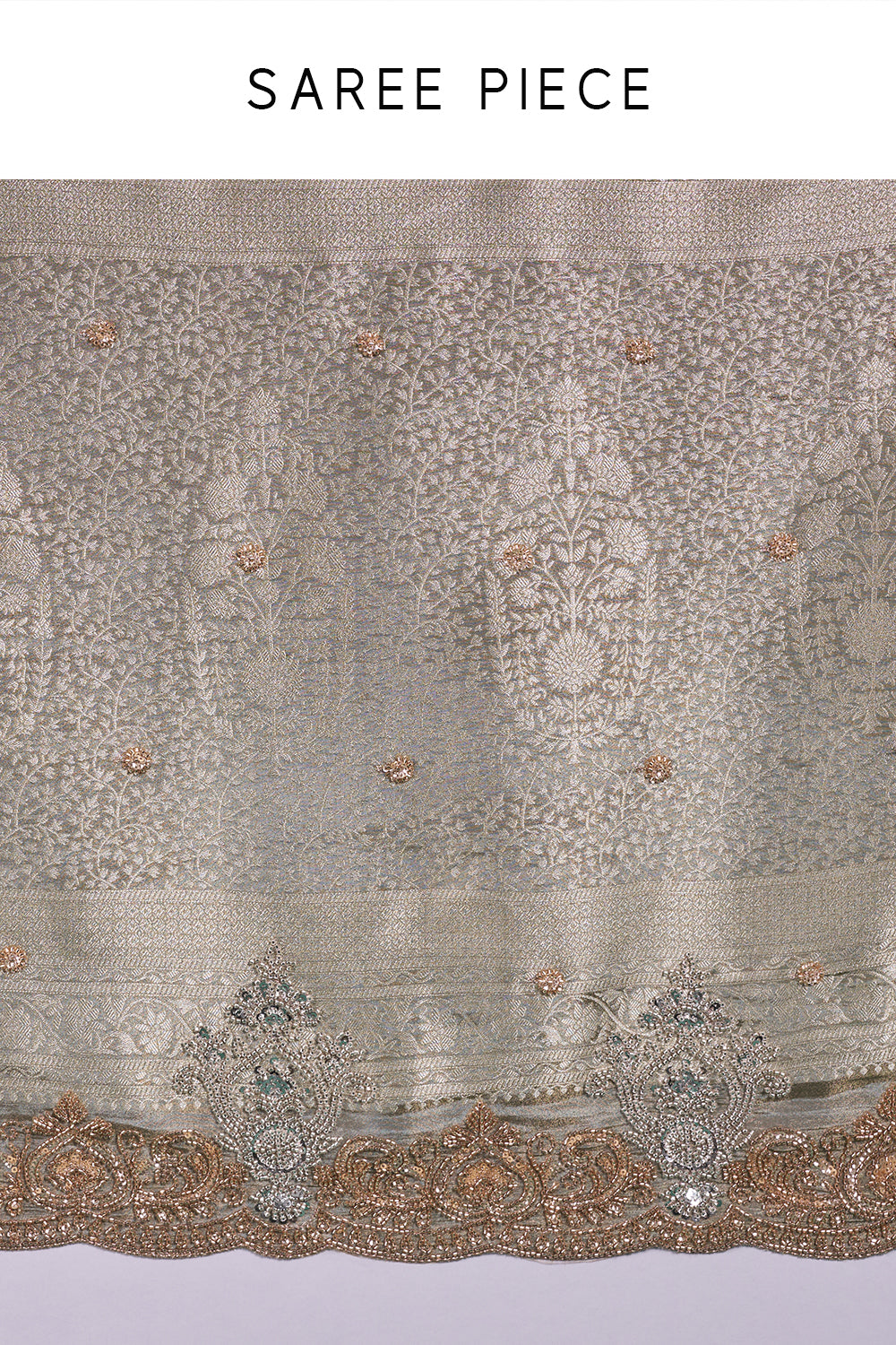 Silver Grey Jacquard Saree with Cutdana Embroidery and Unstitched Blouse