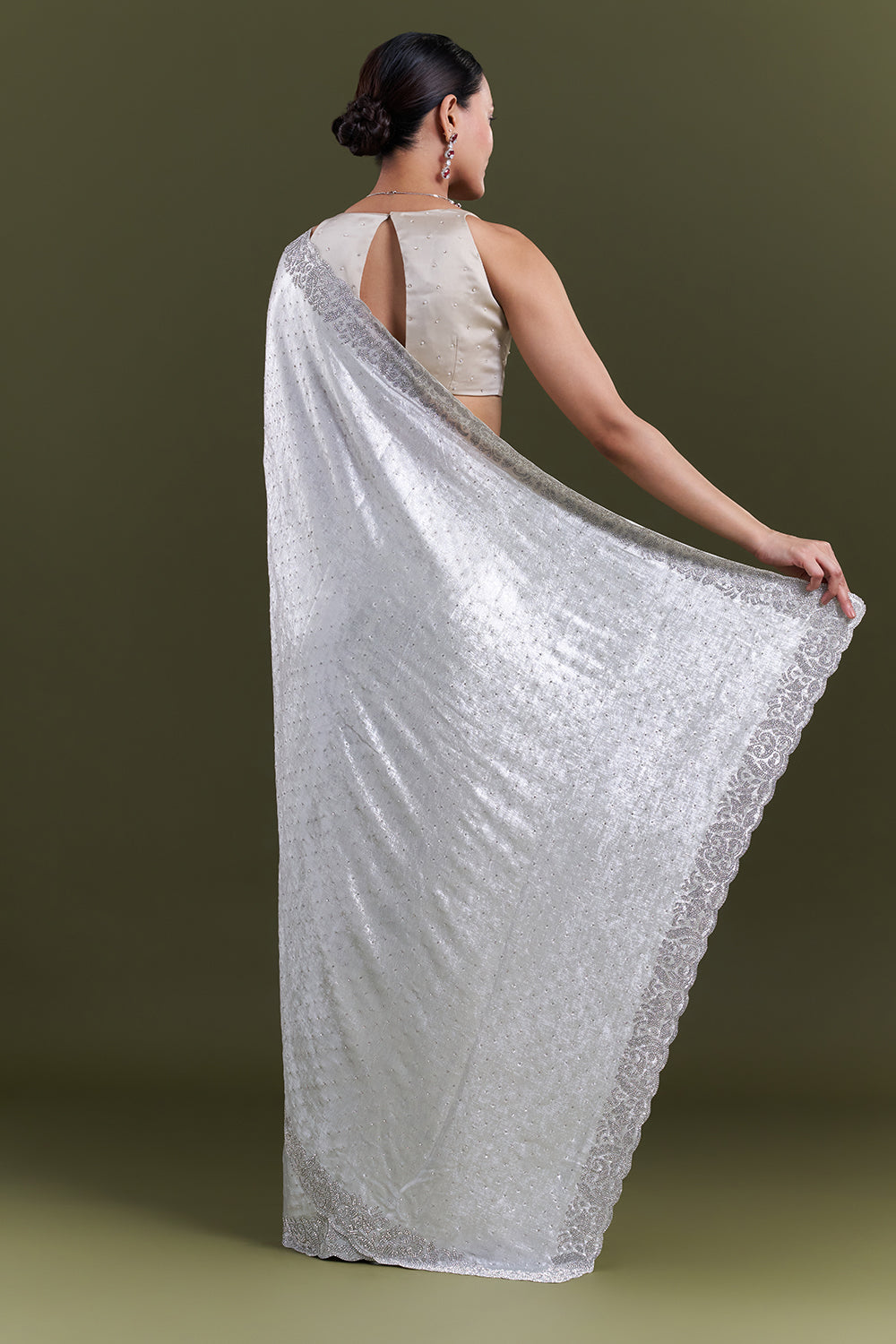 Silver Shimmer Satin Saree with Diamond Work