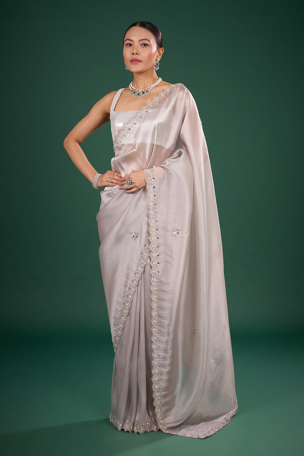 Silver Tissue Saree with Mirror Embroidered Border and Unstitched Blouse