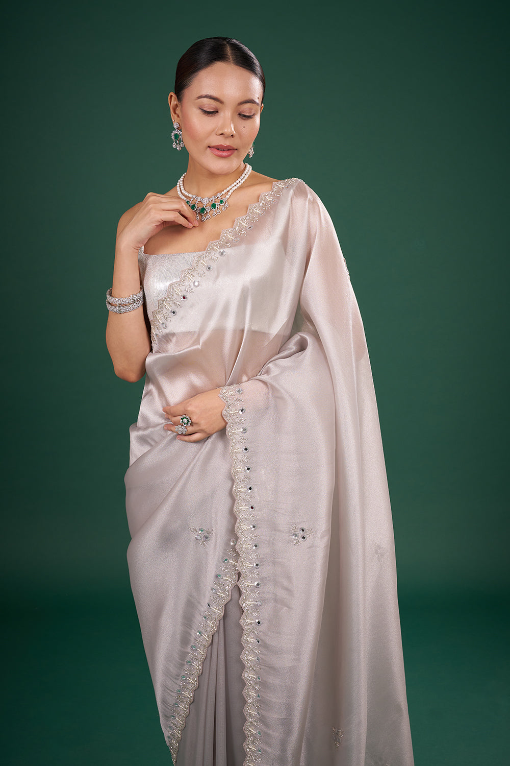 Silver Tissue Saree with Mirror Embroidered Border and Unstitched Blouse