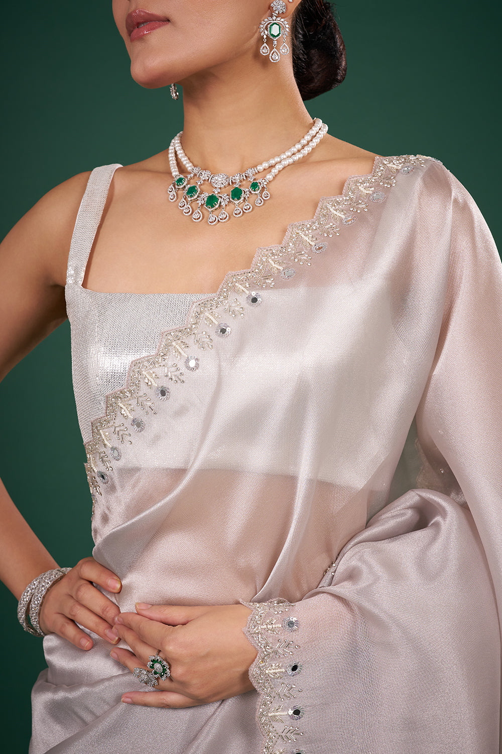 Silver Tissue Saree with Mirror Embroidered Border and Unstitched Blouse
