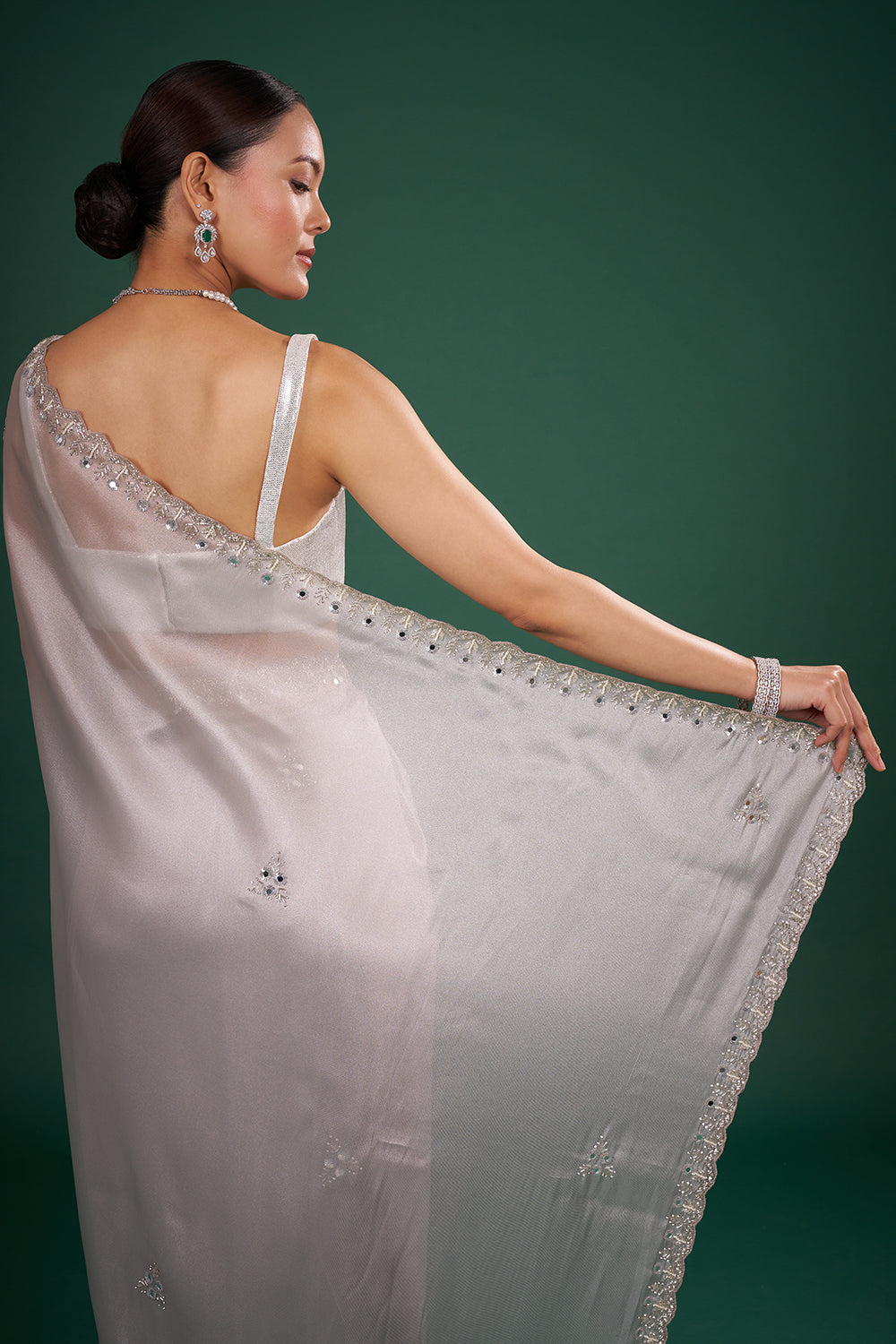 Silver Tissue Saree with Mirror Embroidered Border and Unstitched Blouse