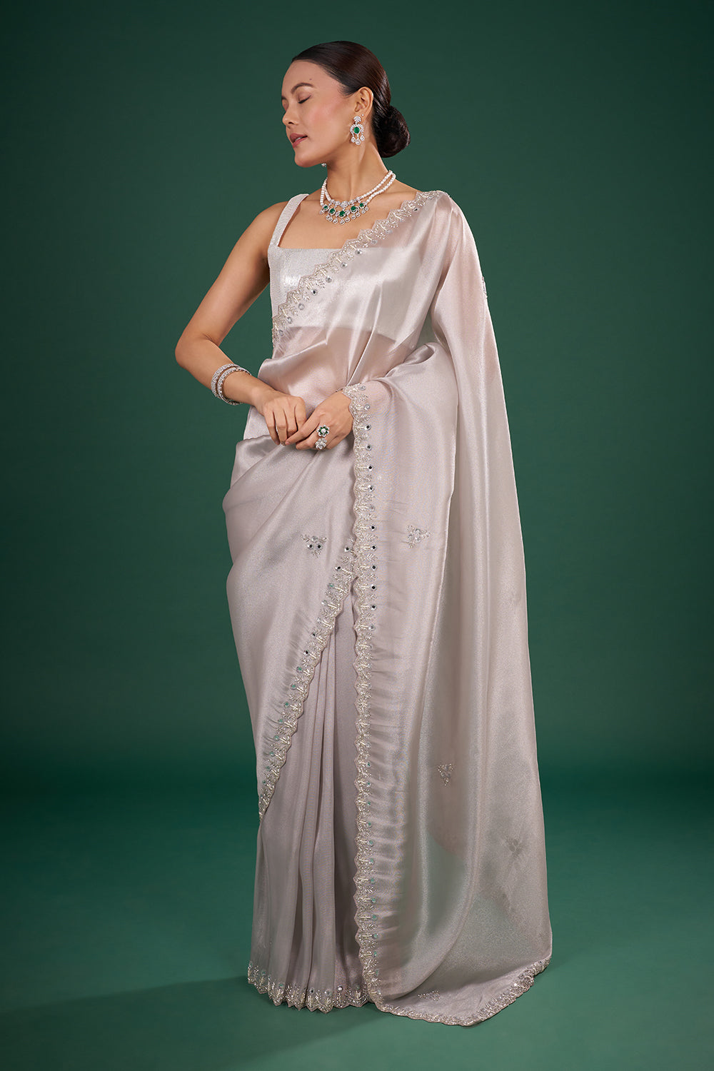 Silver Tissue Saree with Mirror Embroidered Border and Unstitched Blouse