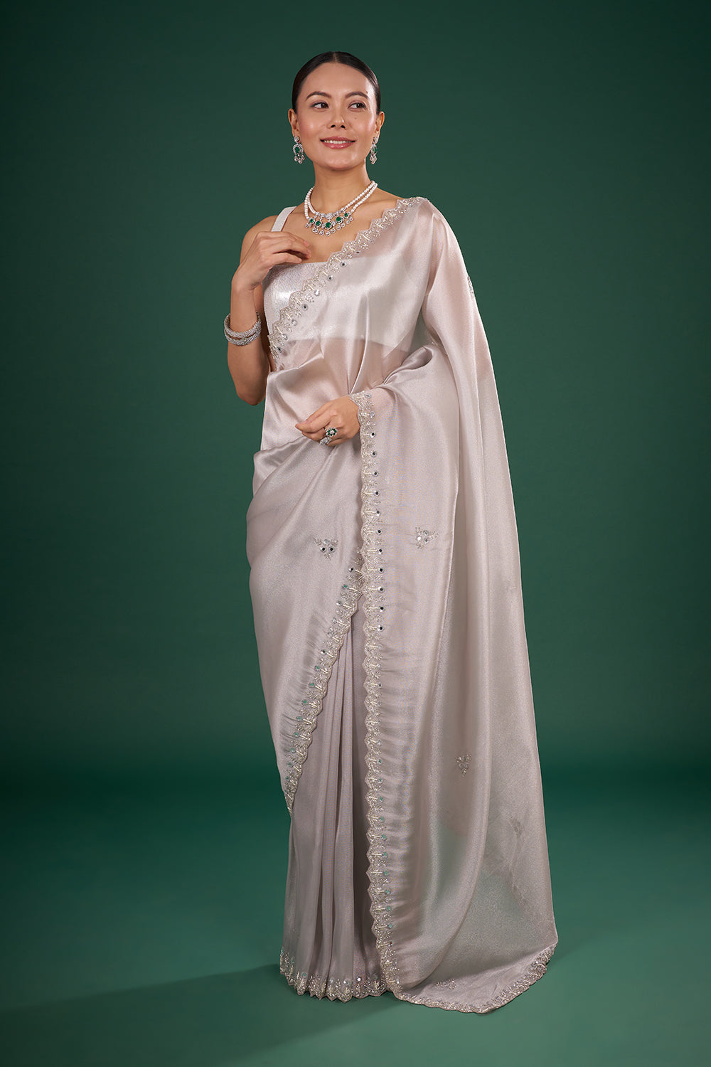 Silver Tissue Saree with Mirror Embroidered Border and Unstitched Blouse