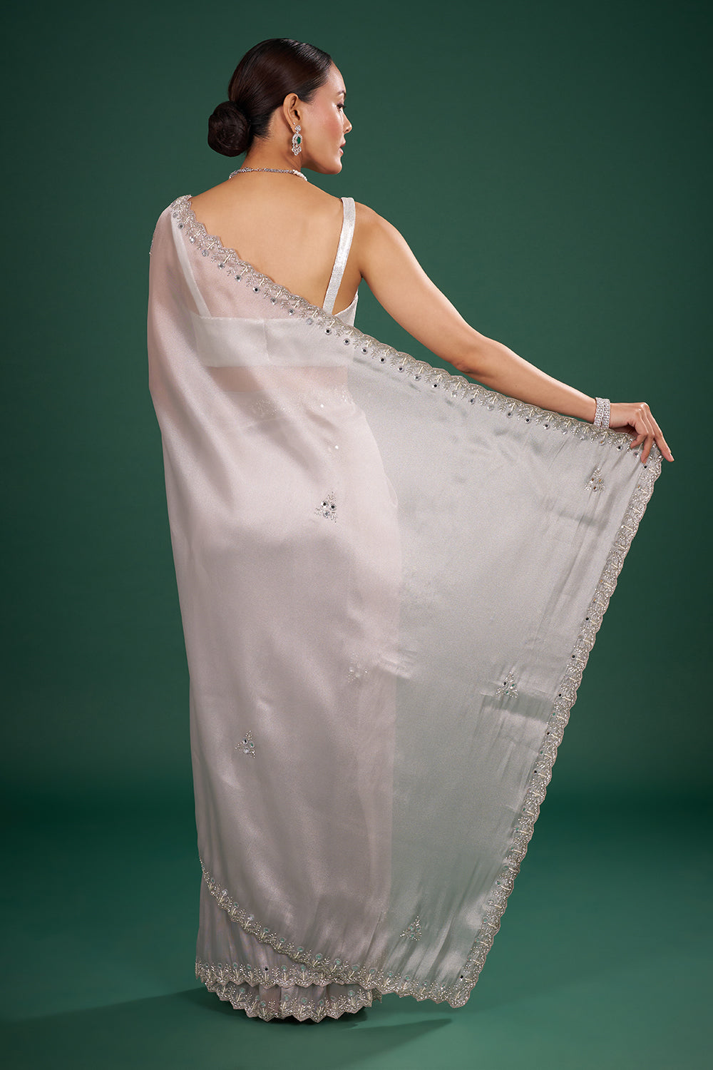 Silver Tissue Saree with Mirror Embroidered Border and Unstitched Blouse