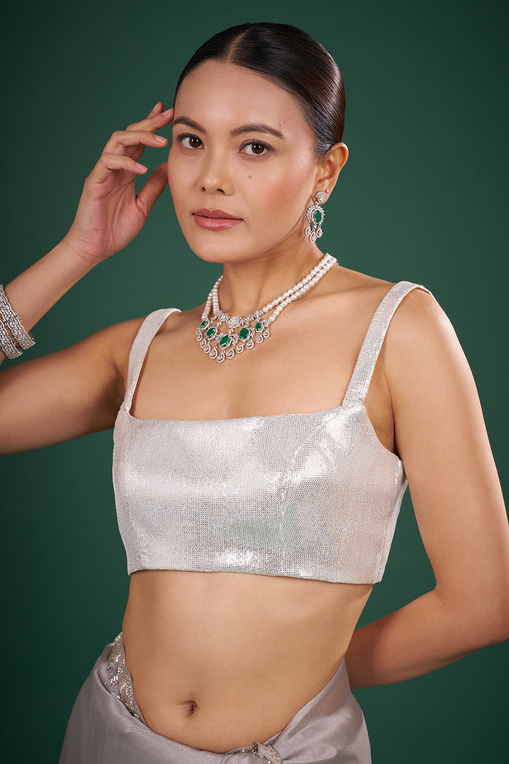Silver Tissue Saree with Mirror Embroidered Border and Unstitched Blouse