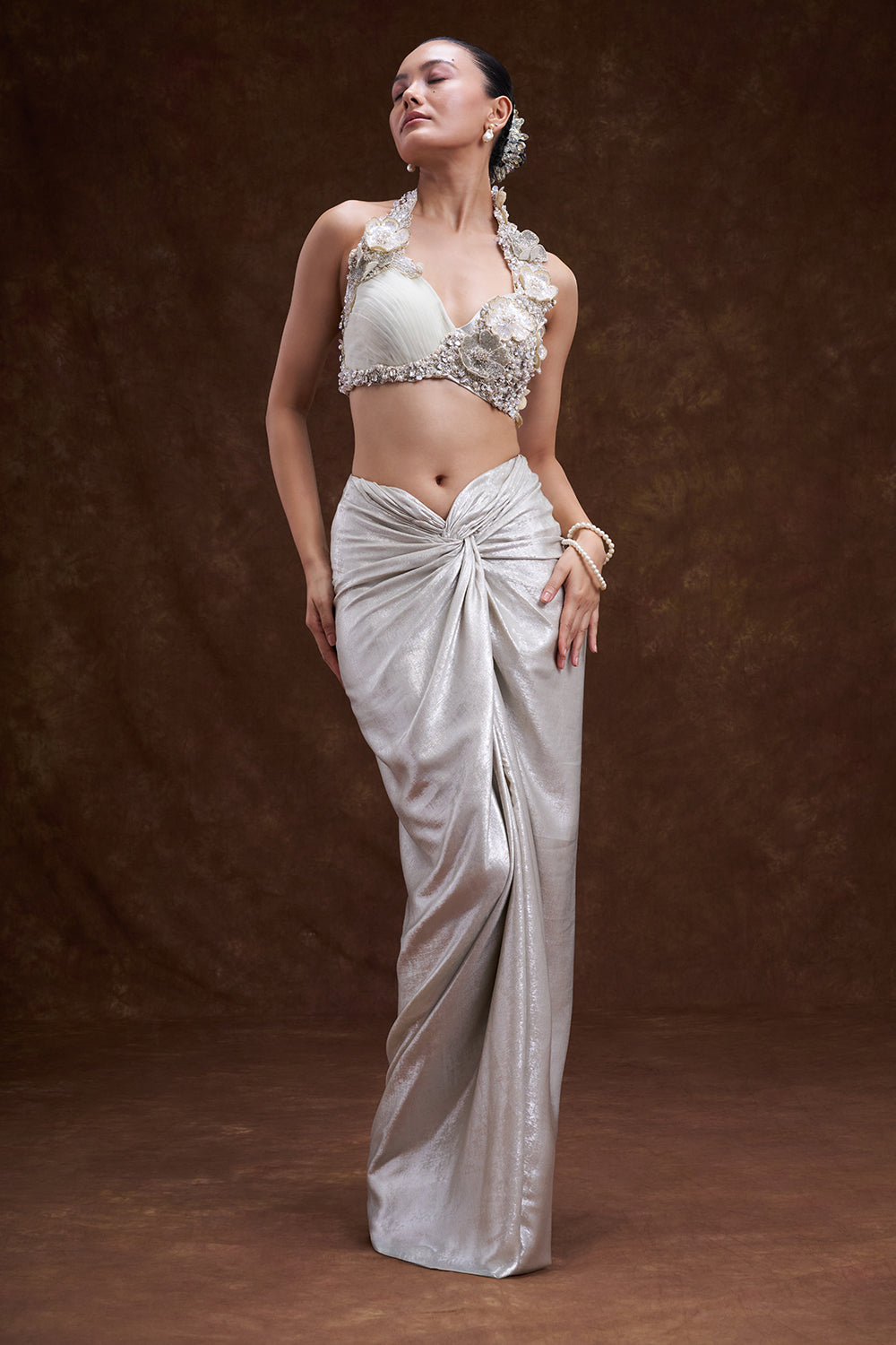 Silver Grey Shimmer Satin Draped Skirt Set