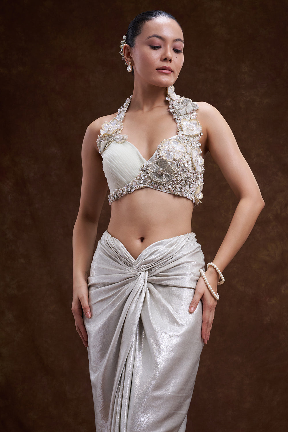 Silver Grey Shimmer Satin Draped Skirt Set