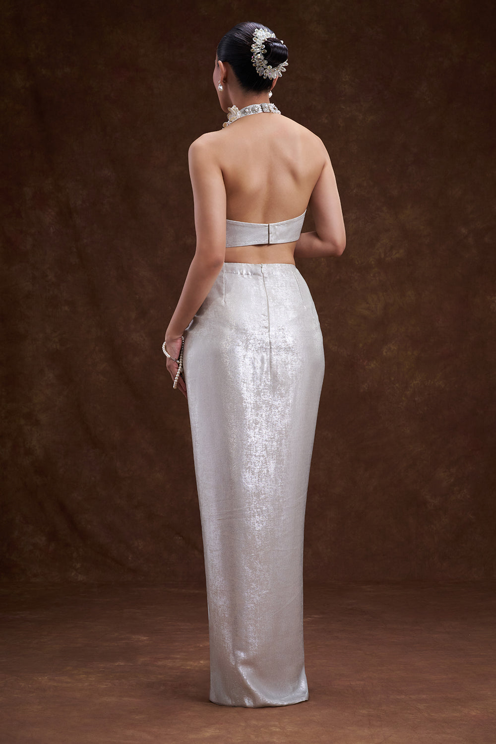 Silver Grey Shimmer Satin Draped Skirt Set