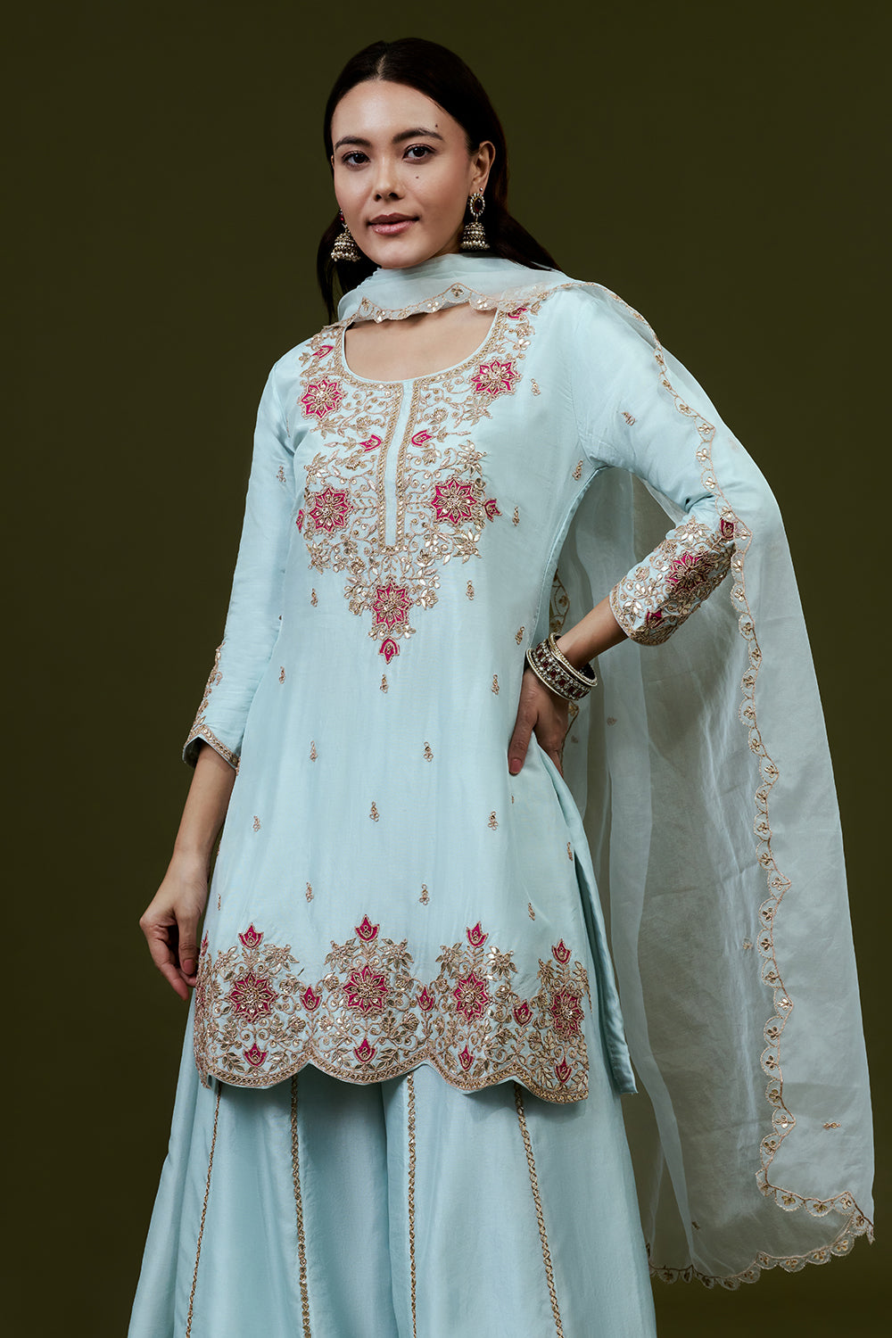 Sky Blue Art Silk Suit Set with Zardosi Work