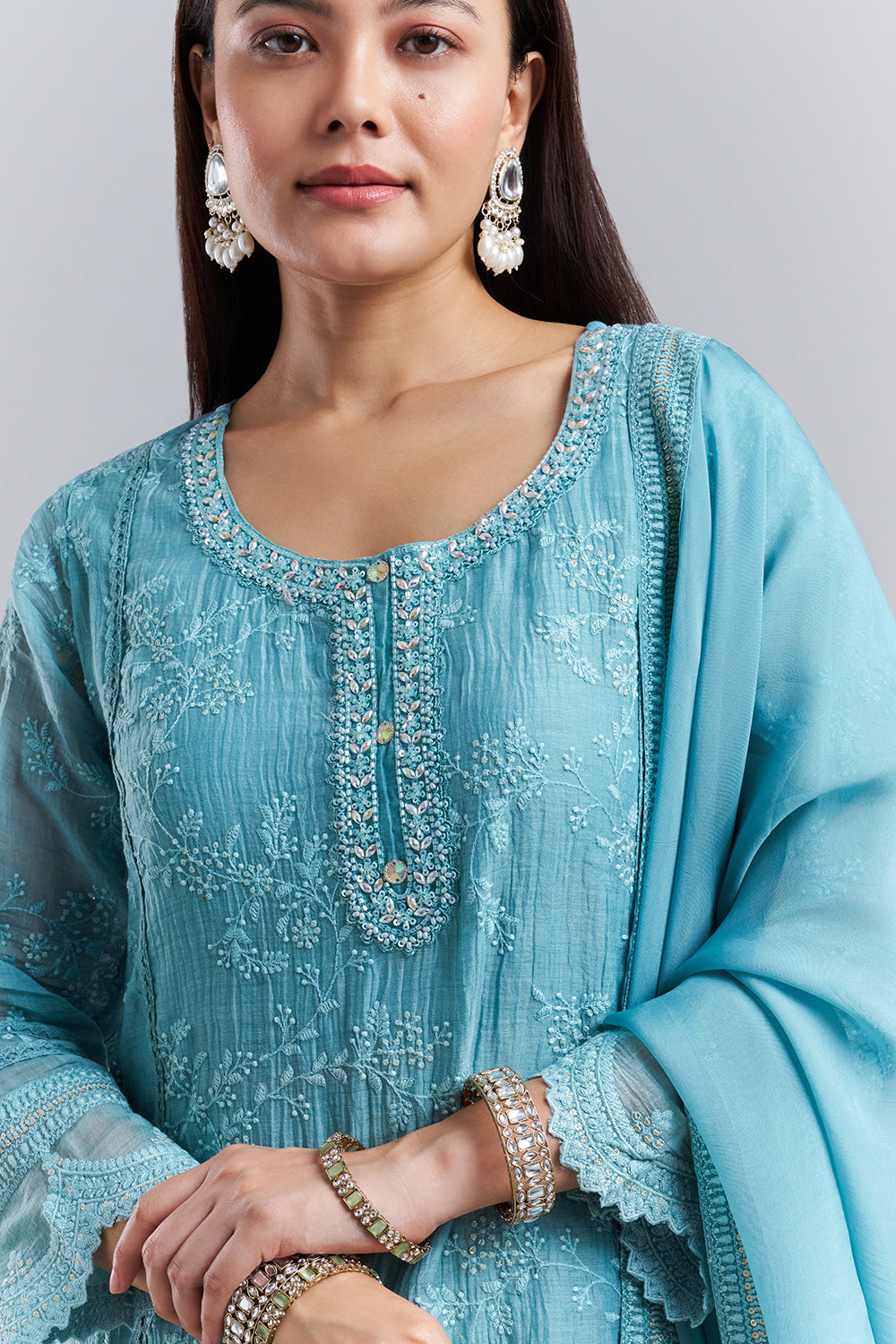 Sky Blue Chikankari Embroidered Kurta Pant Set with Dupatta