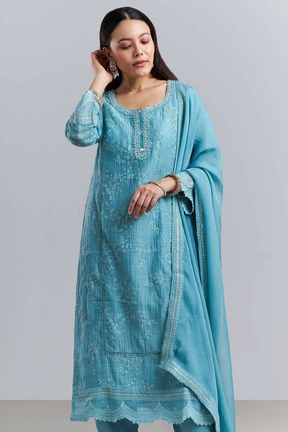 Sky Blue Chikankari Embroidered Kurta Pant Set with Dupatta