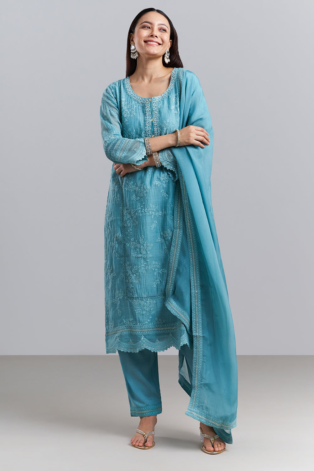 Sky Blue Chikankari Embroidered Kurta Pant Set with Dupatta