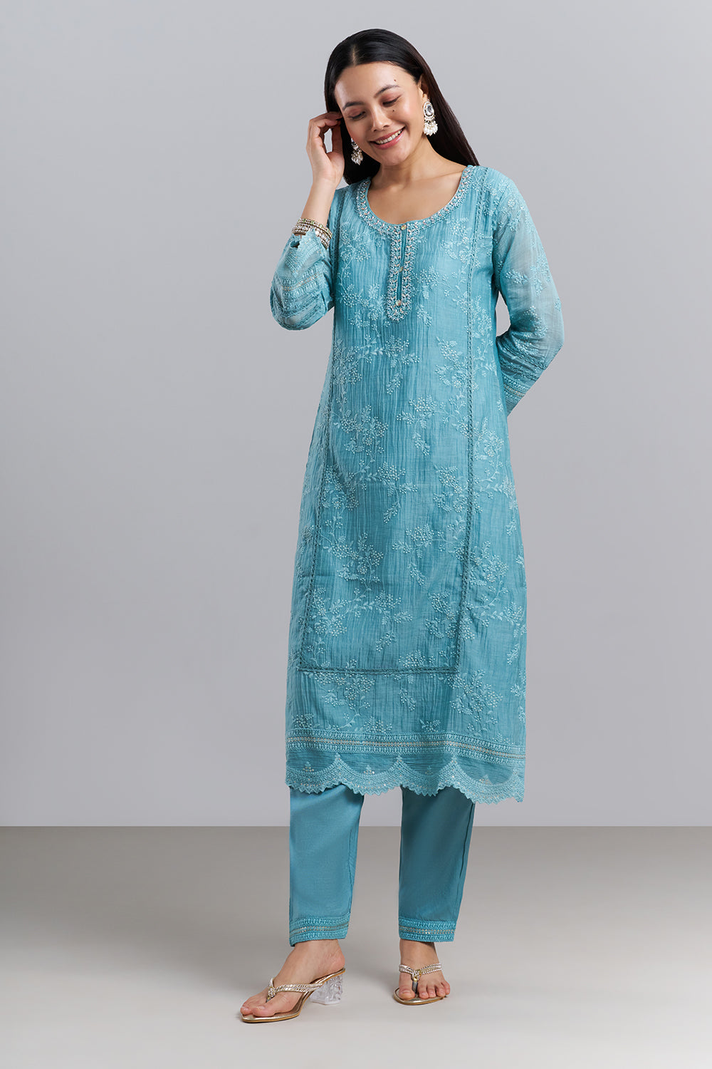 Sky Blue Chikankari Embroidered Kurta Pant Set with Dupatta