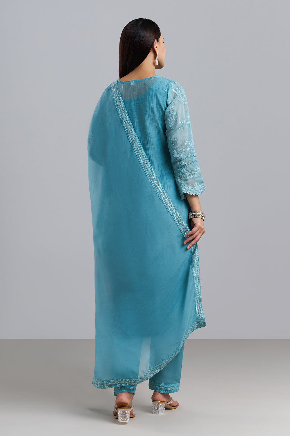 Sky Blue Chikankari Embroidered Kurta Pant Set with Dupatta
