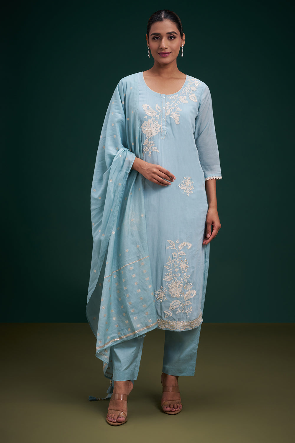 Sky Blue Chinon Salwar Suit with Appliqué Work