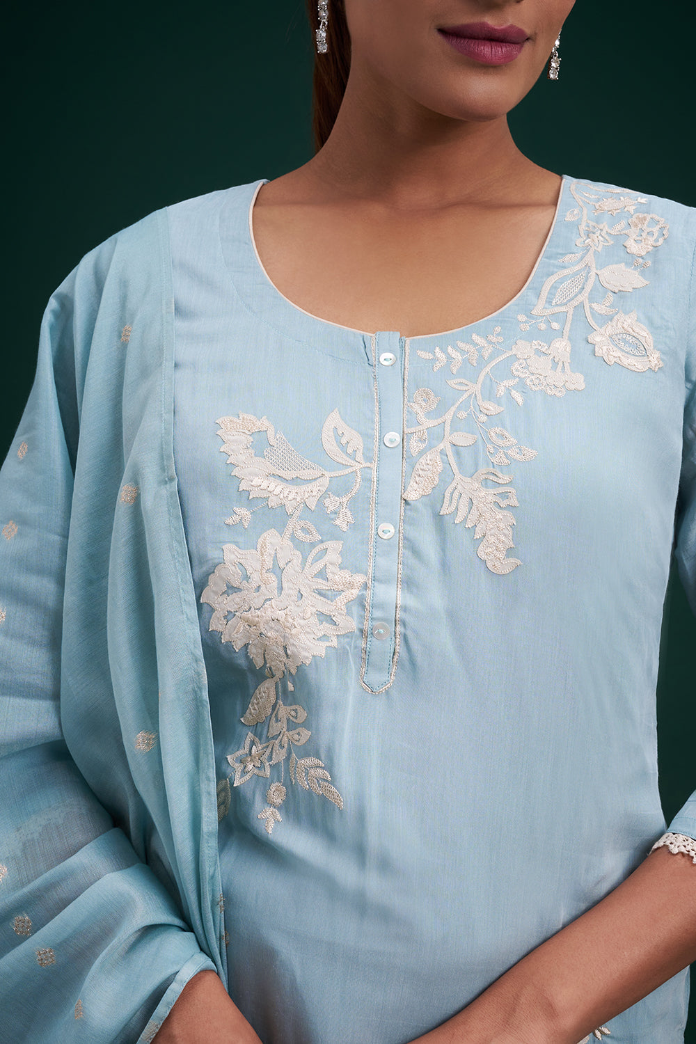 Sky Blue Chinon Salwar Suit with Appliqué Work