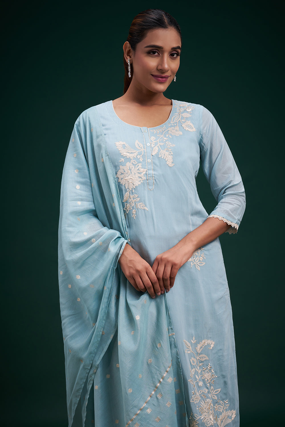 Sky Blue Chinon Salwar Suit with Appliqué Work