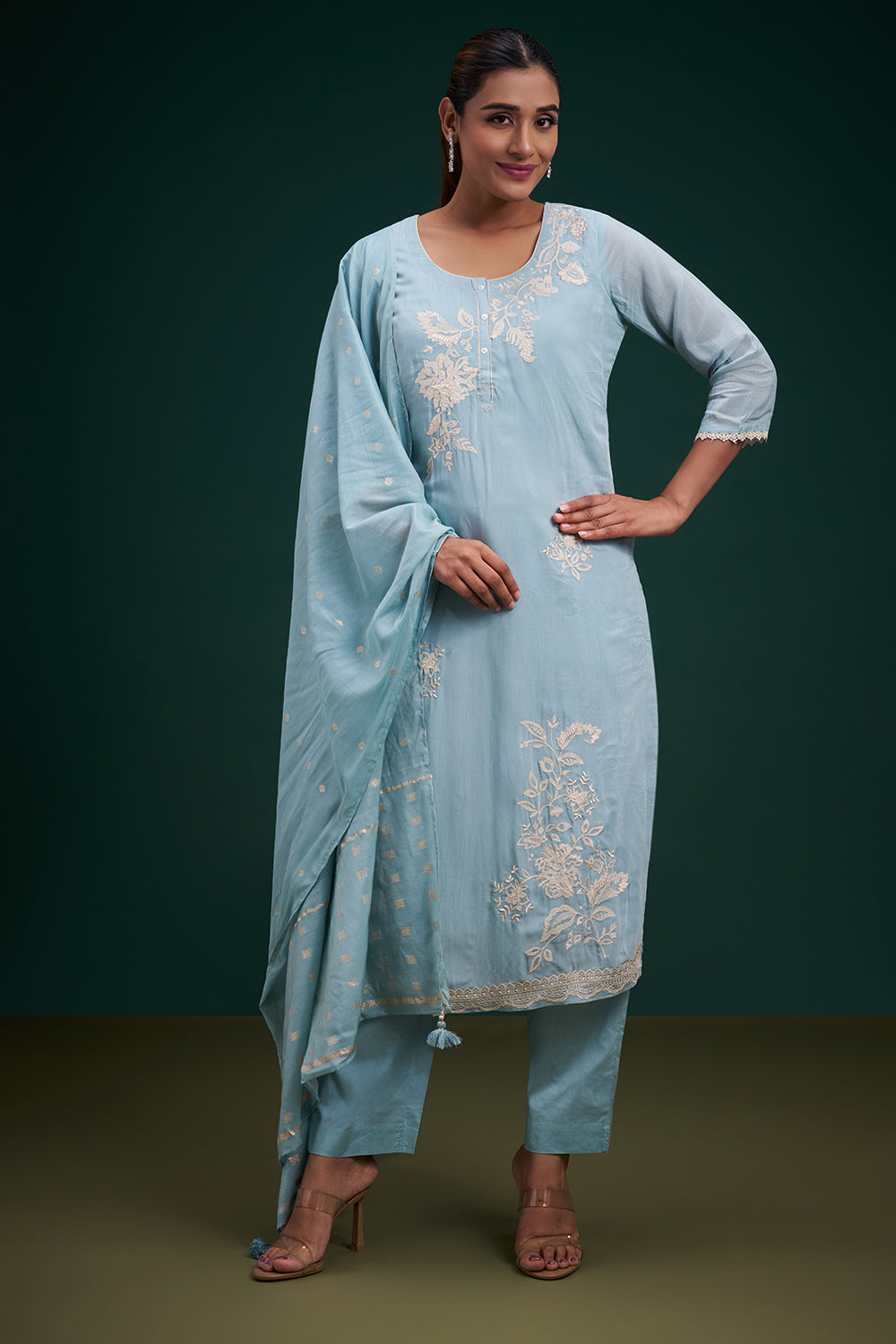 Sky Blue Chinon Salwar Suit with Appliqué Work