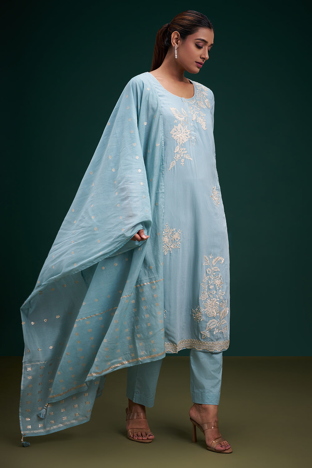 Sky Blue Chinon Salwar Suit with Appliqué Work
