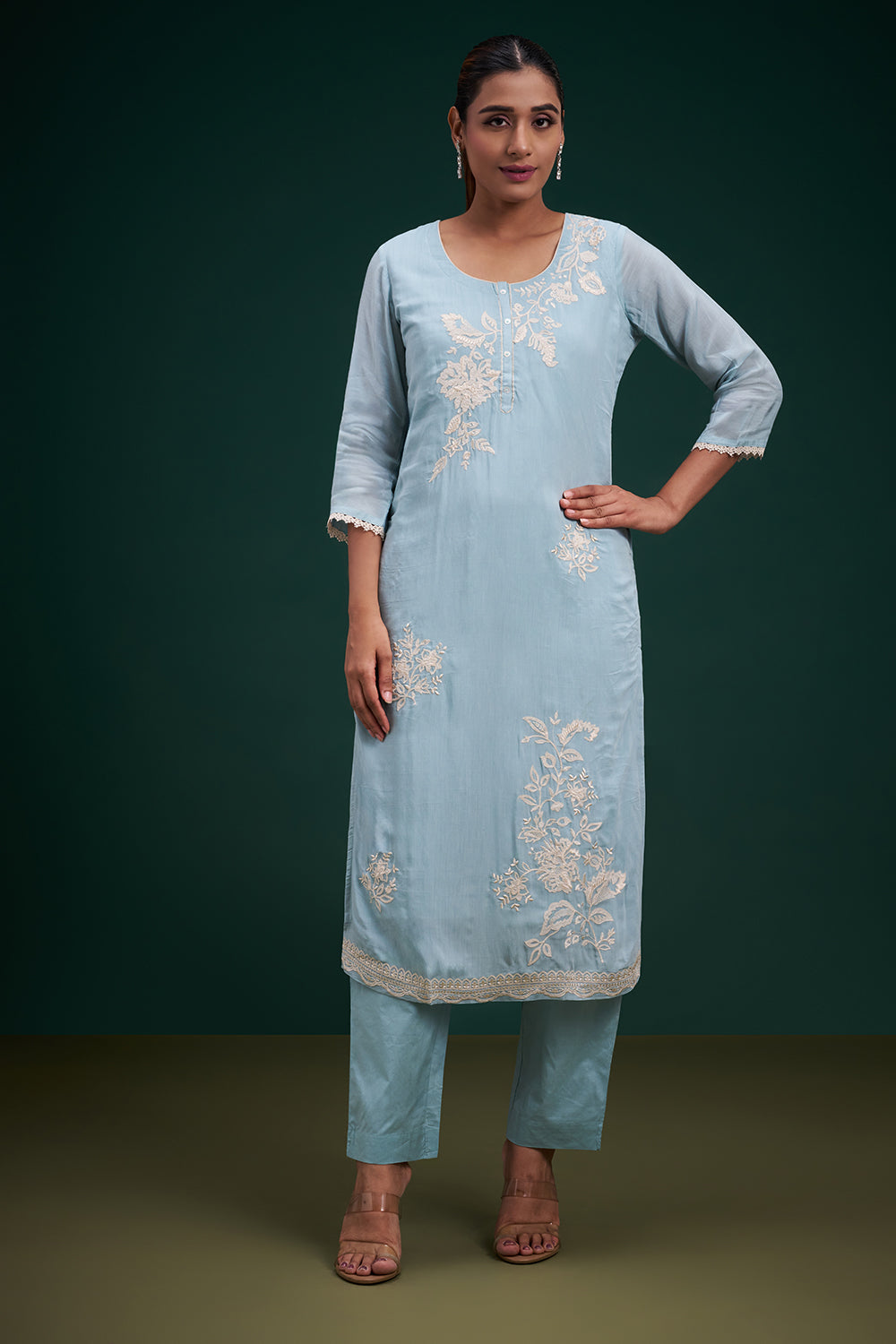 Sky Blue Chinon Salwar Suit with Appliqué Work