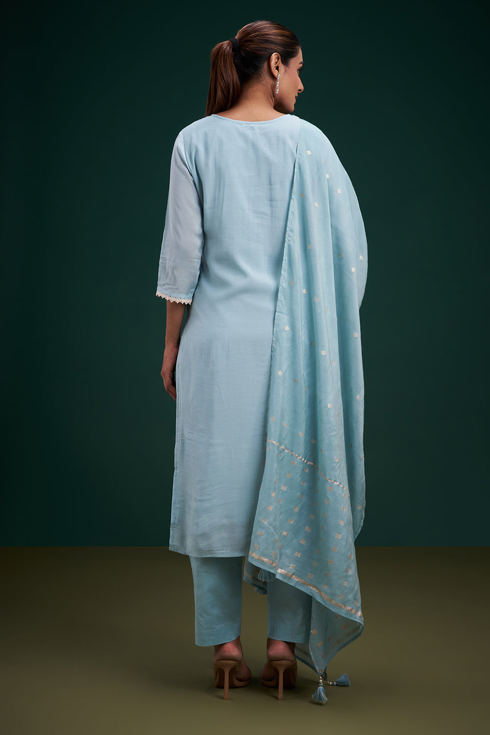 Sky Blue Chinon Salwar Suit with Appliqué Work