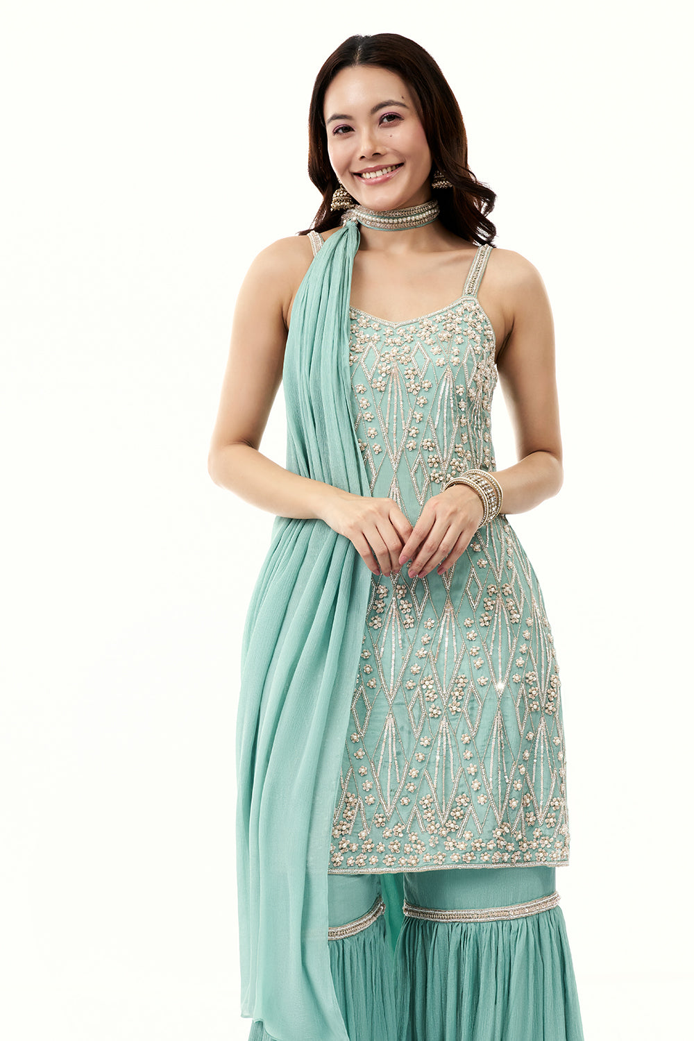 Sky Blue Chinon Sharara Set with Moti and Cutdana Work
