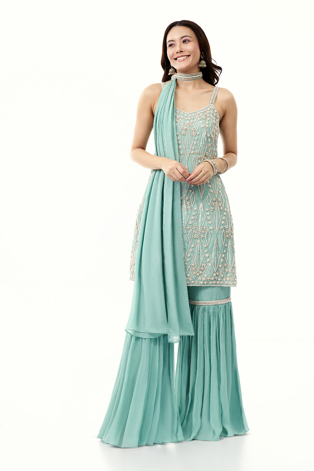 Sky Blue Chinon Sharara Set with Moti and Cutdana Work