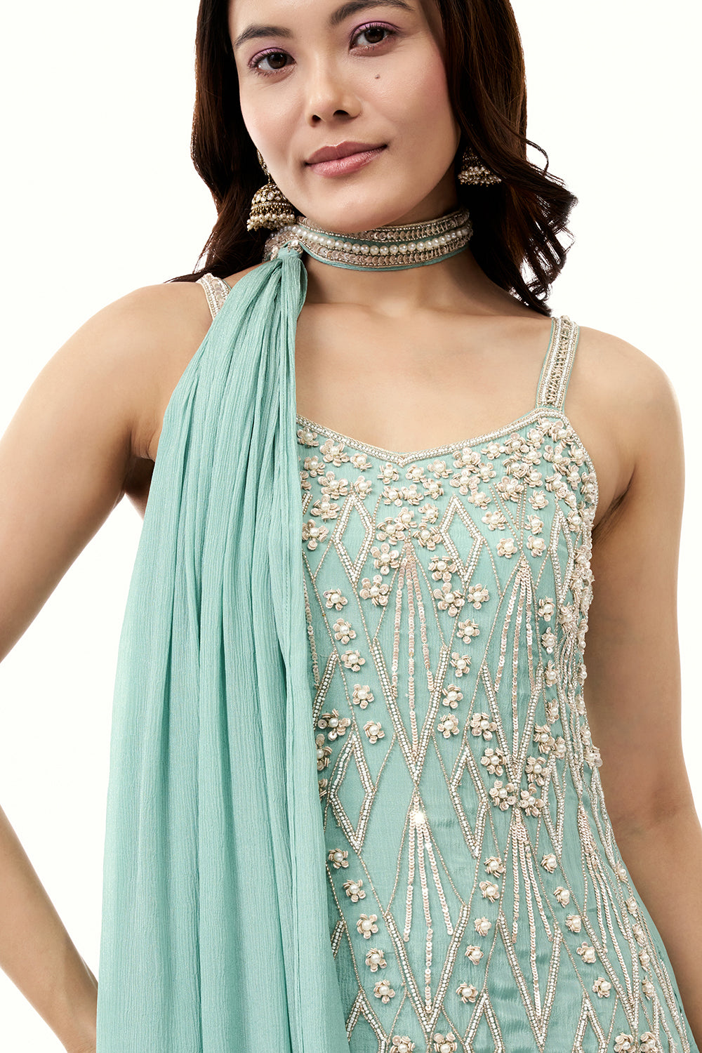 Sky Blue Chinon Sharara Set with Moti and Cutdana Work