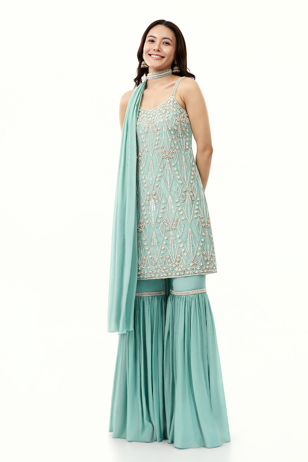 Sky Blue Chinon Sharara Set with Moti and Cutdana Work