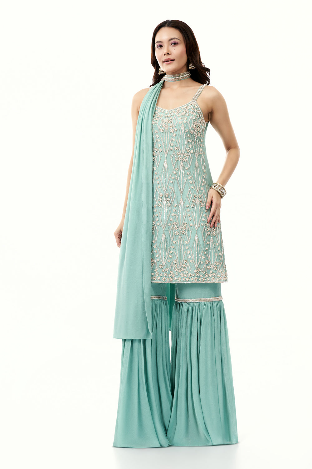 Sky Blue Chinon Sharara Set with Moti and Cutdana Work