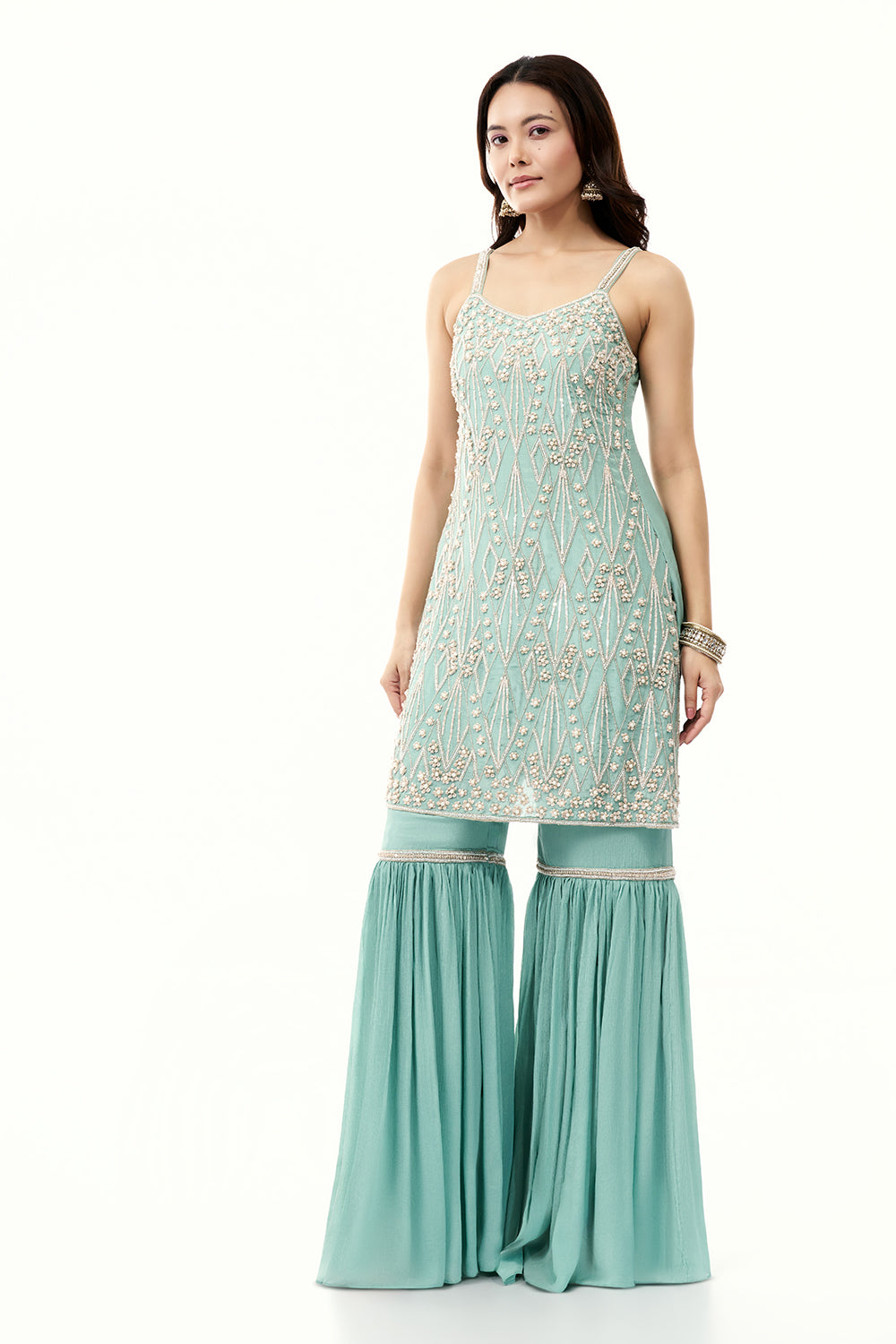 Sky Blue Chinon Sharara Set with Moti and Cutdana Work