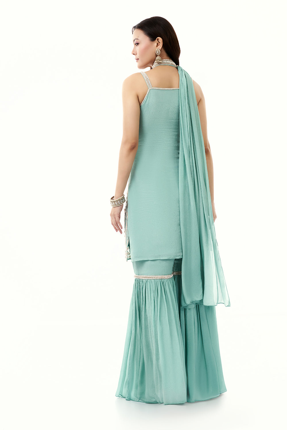 Sky Blue Chinon Sharara Set with Moti and Cutdana Work