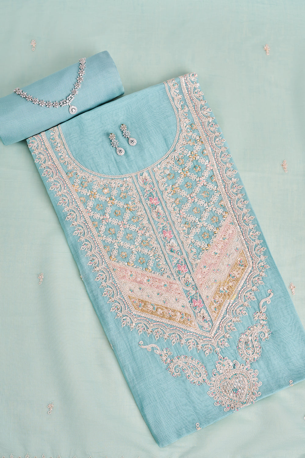 Sky Blue Embroidered Unstitched Suit Set