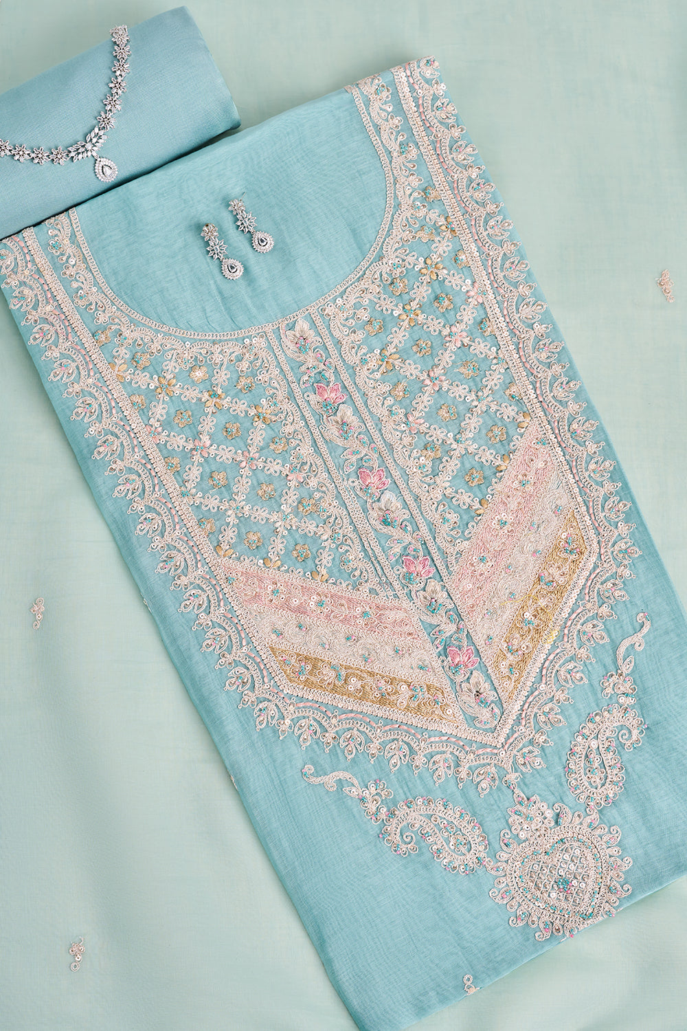 Sky Blue Embroidered Unstitched Suit Set