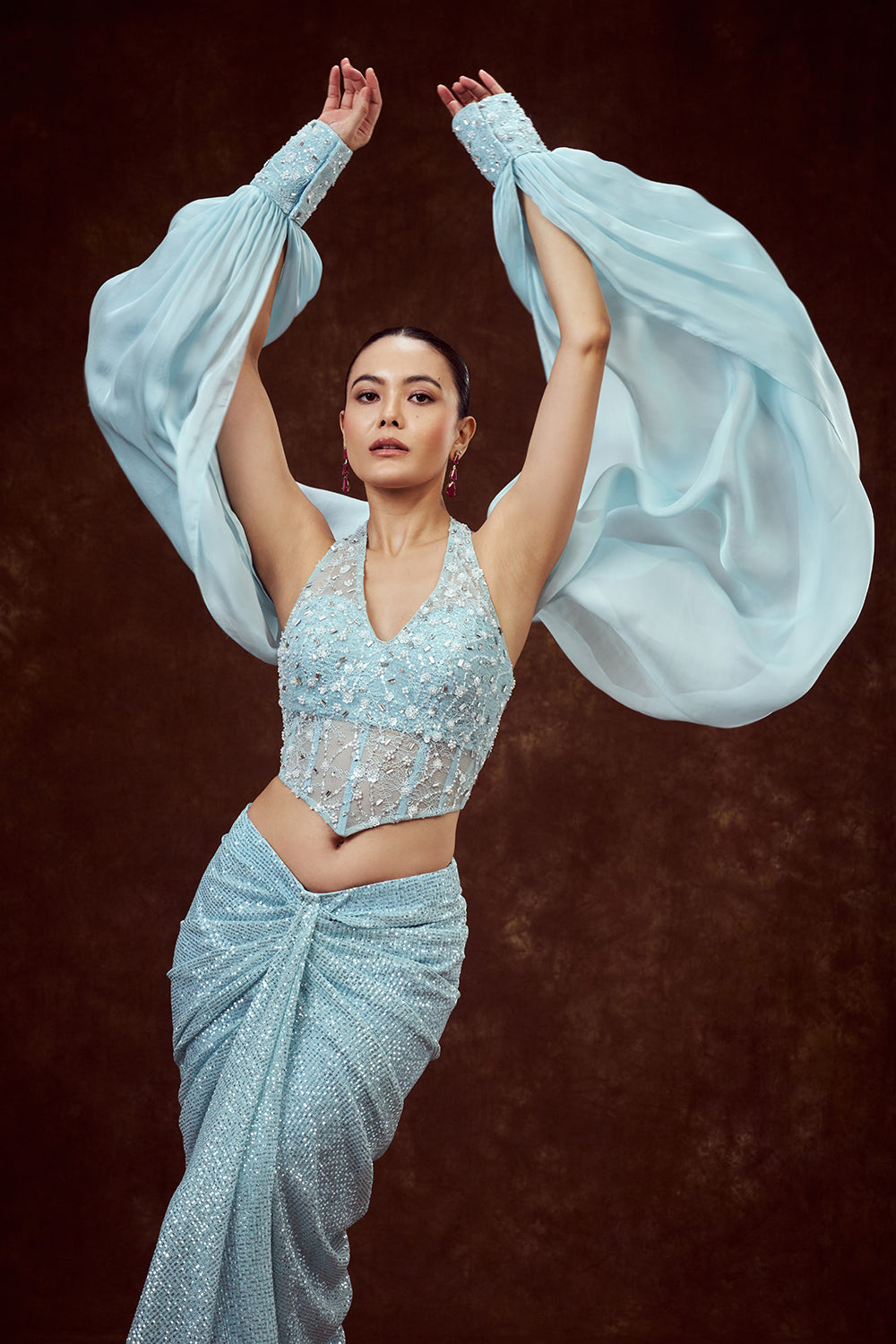 Sky Blue Indo Western Cowl Skirt with Halter Crop Top
