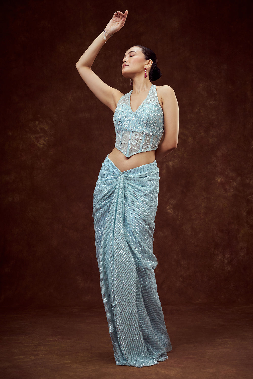 Sky Blue Indo Western Cowl Skirt with Halter Crop Top