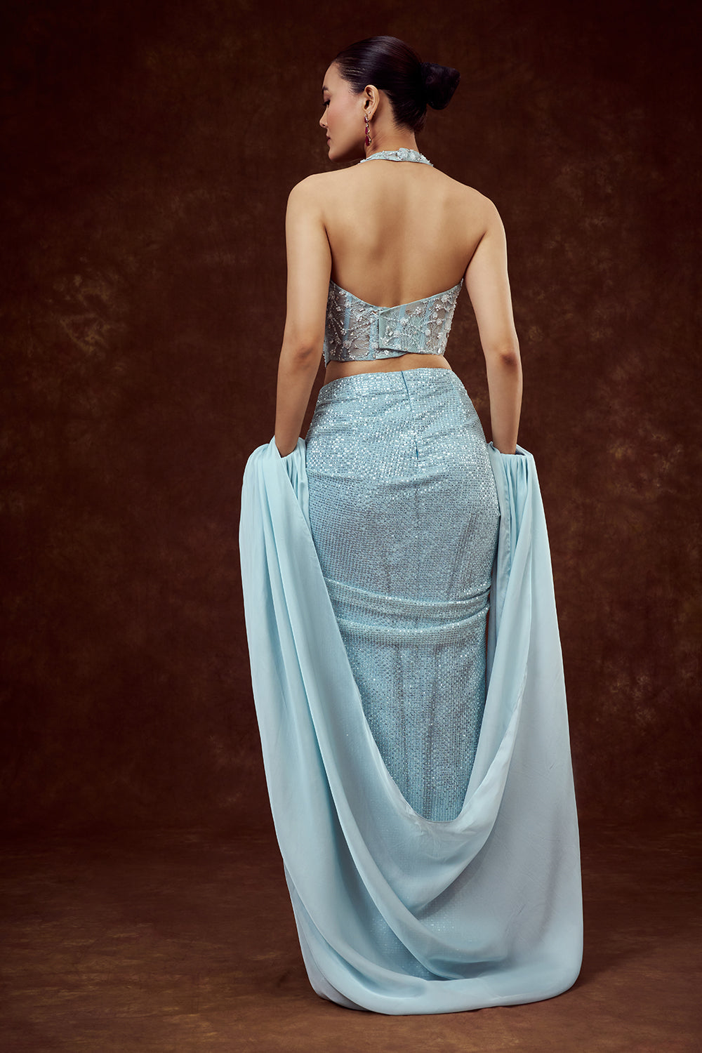 Sky Blue Indo Western Cowl Skirt with Halter Crop Top