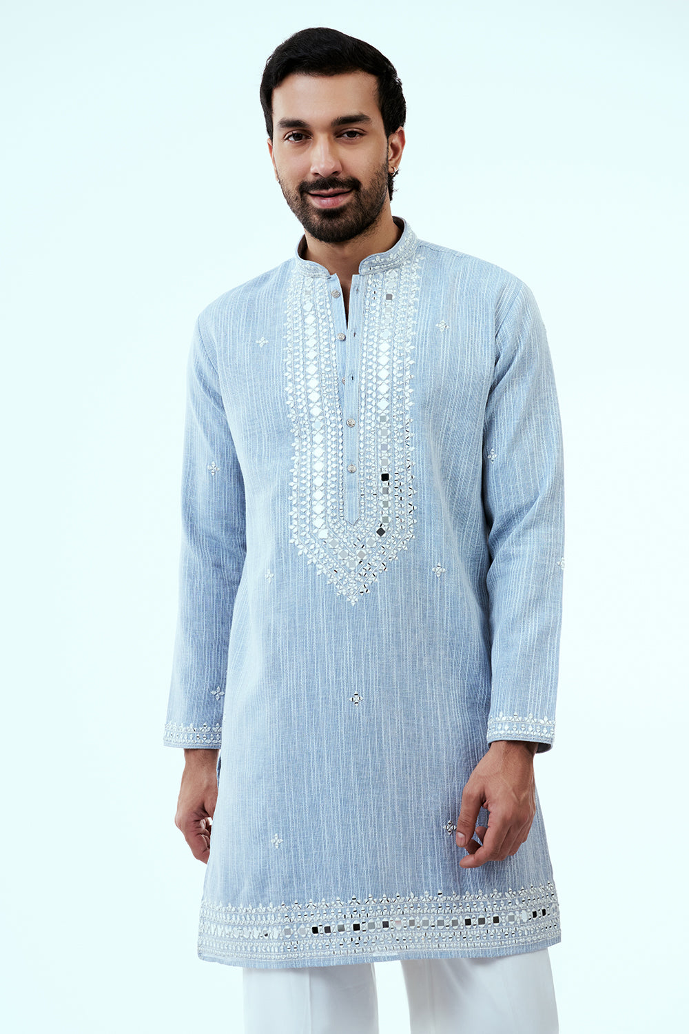 Sky Blue Khadi Silk Mens Kurta Set with Mirror Work