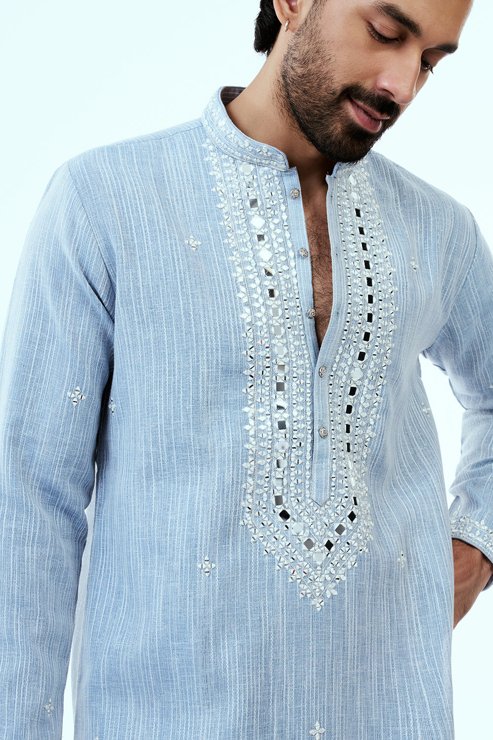 Sky Blue Khadi Silk Mens Kurta Set with Mirror Work