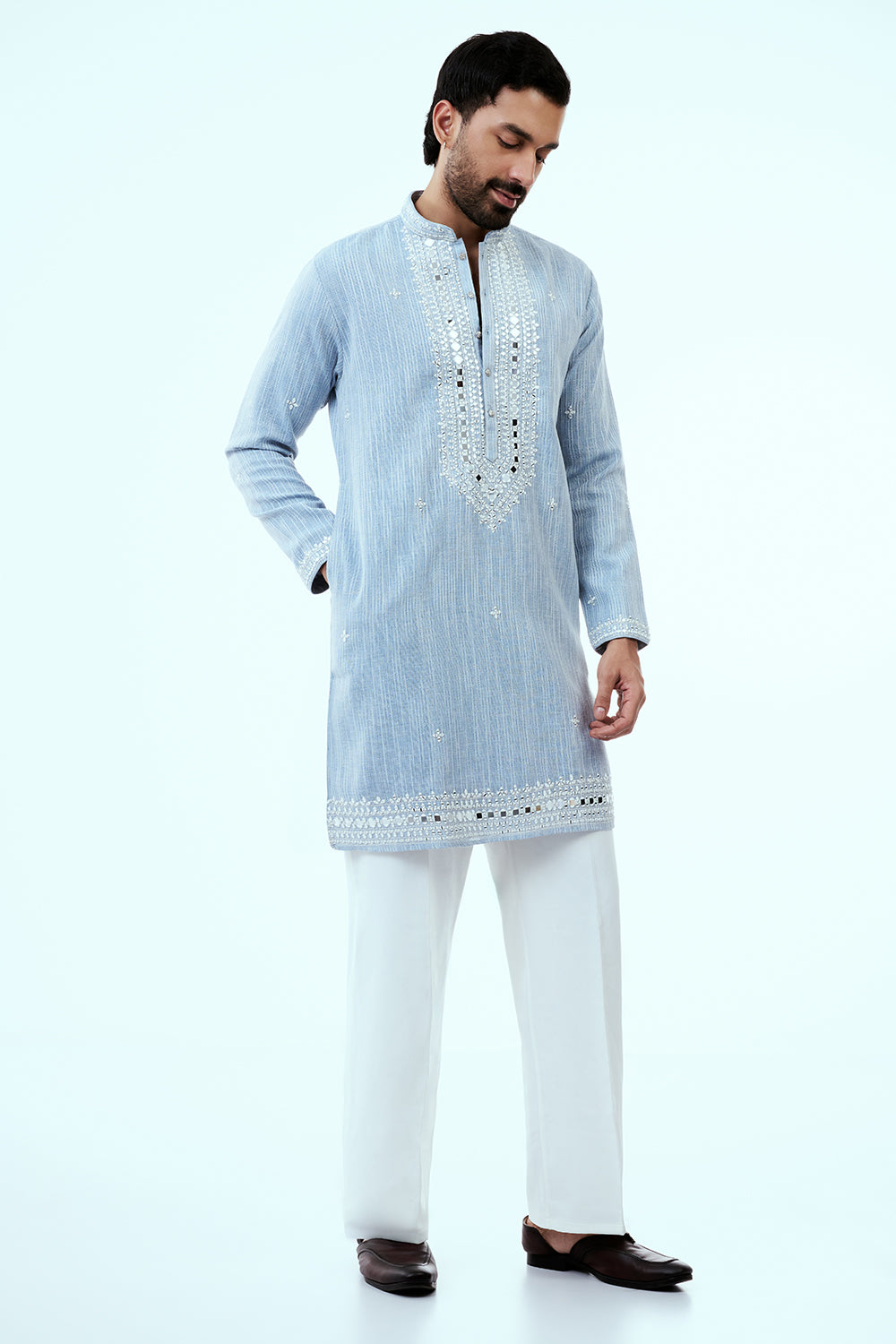 Sky Blue Khadi Silk Mens Kurta Set with Mirror Work
