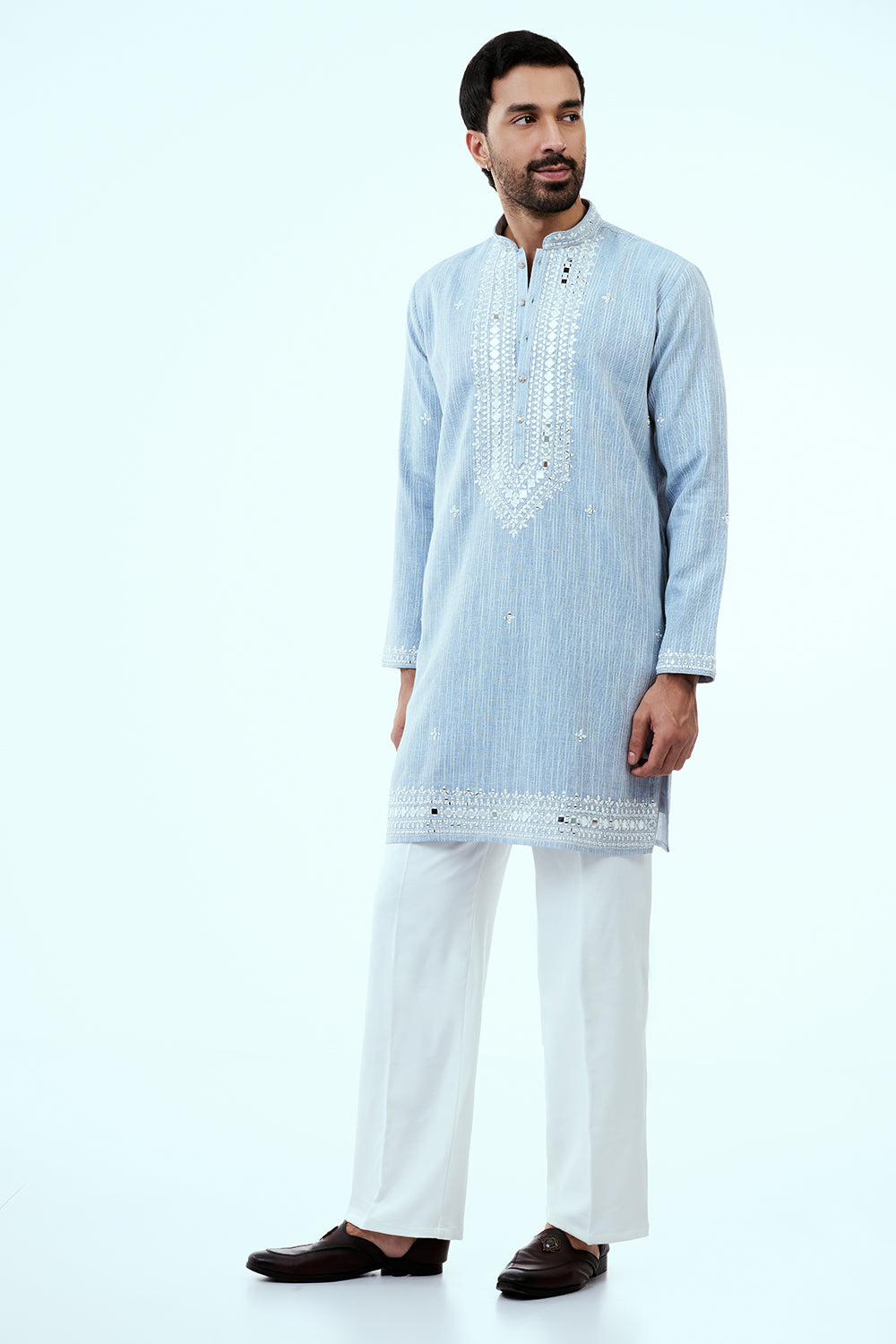 Sky Blue Khadi Silk Mens Kurta Set with Mirror Work