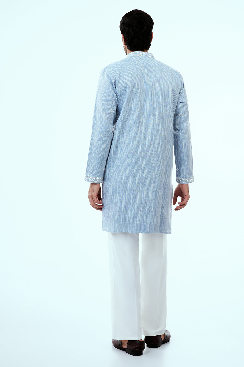 Sky Blue Khadi Silk Mens Kurta Set with Mirror Work