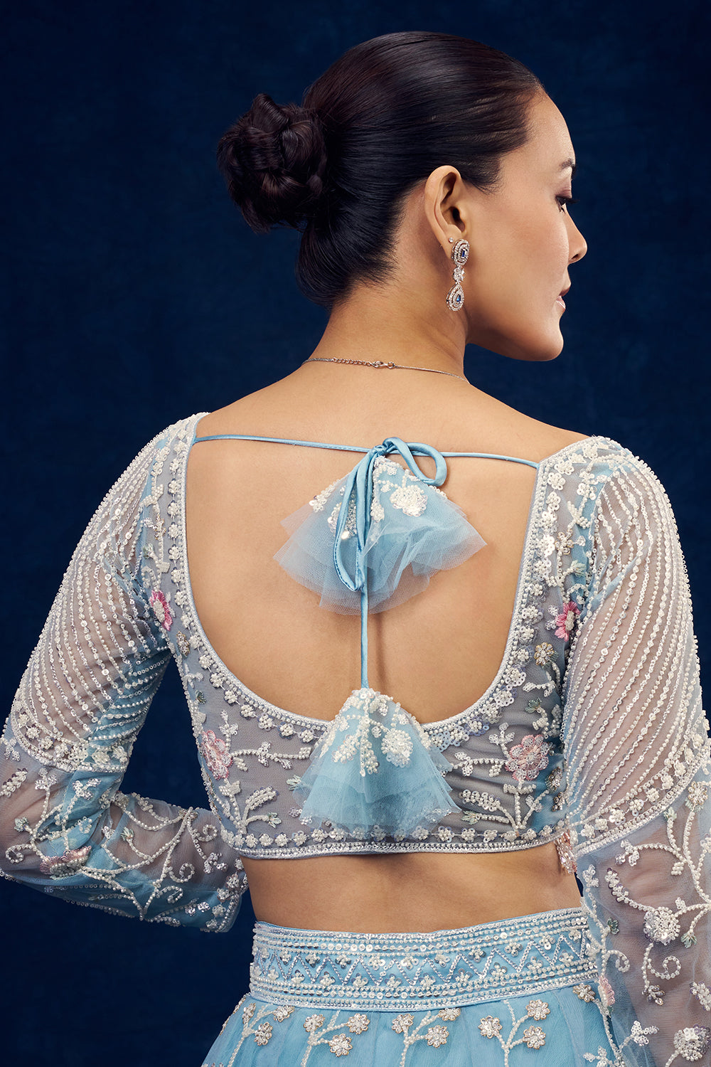 Sky Blue Net Lehenga with Cutdana and Resham Hand Work