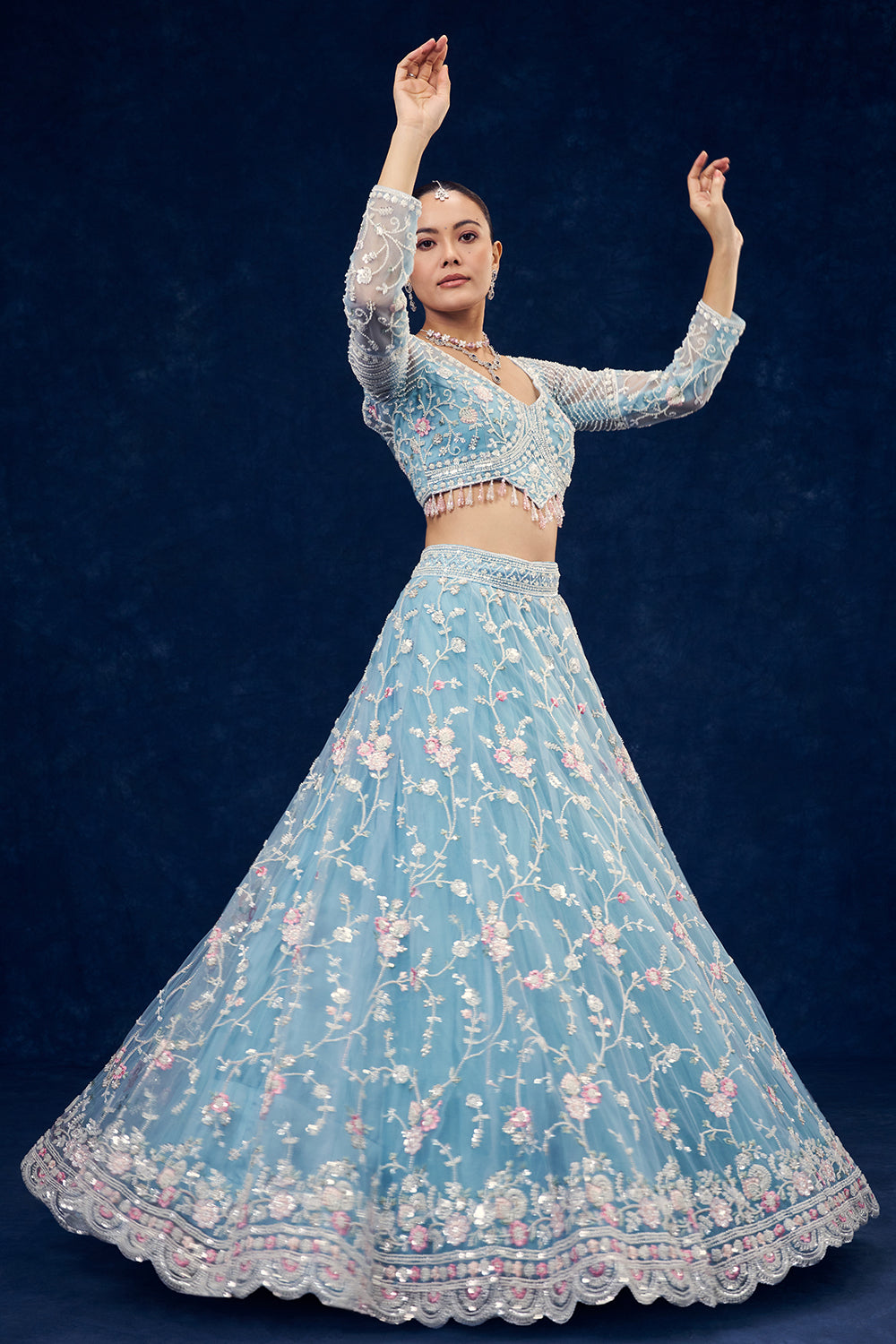 Sky Blue Net Lehenga with Cutdana and Resham Hand Work