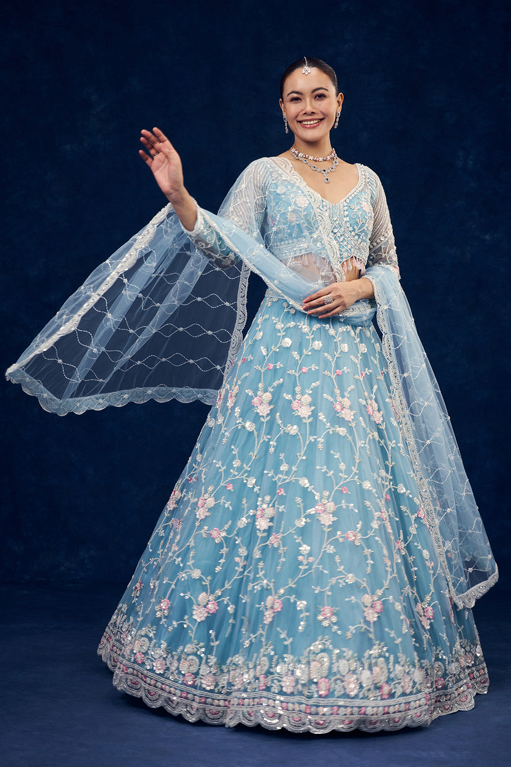 Sky Blue Net Lehenga with Cutdana and Resham Hand Work
